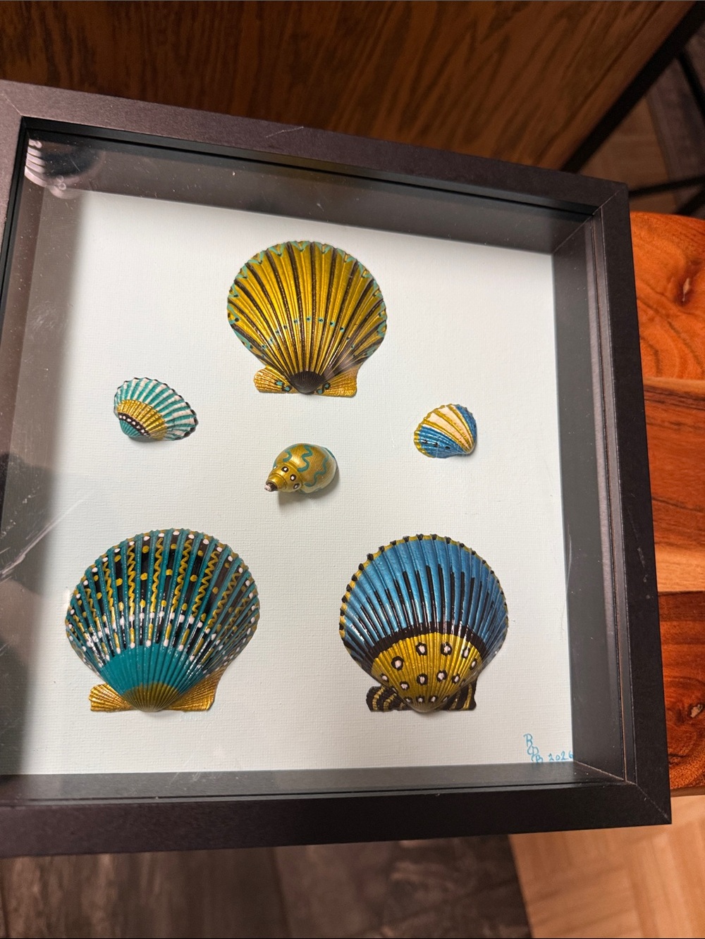Framed Coastal Shell Art - Blue and Yellow Shells